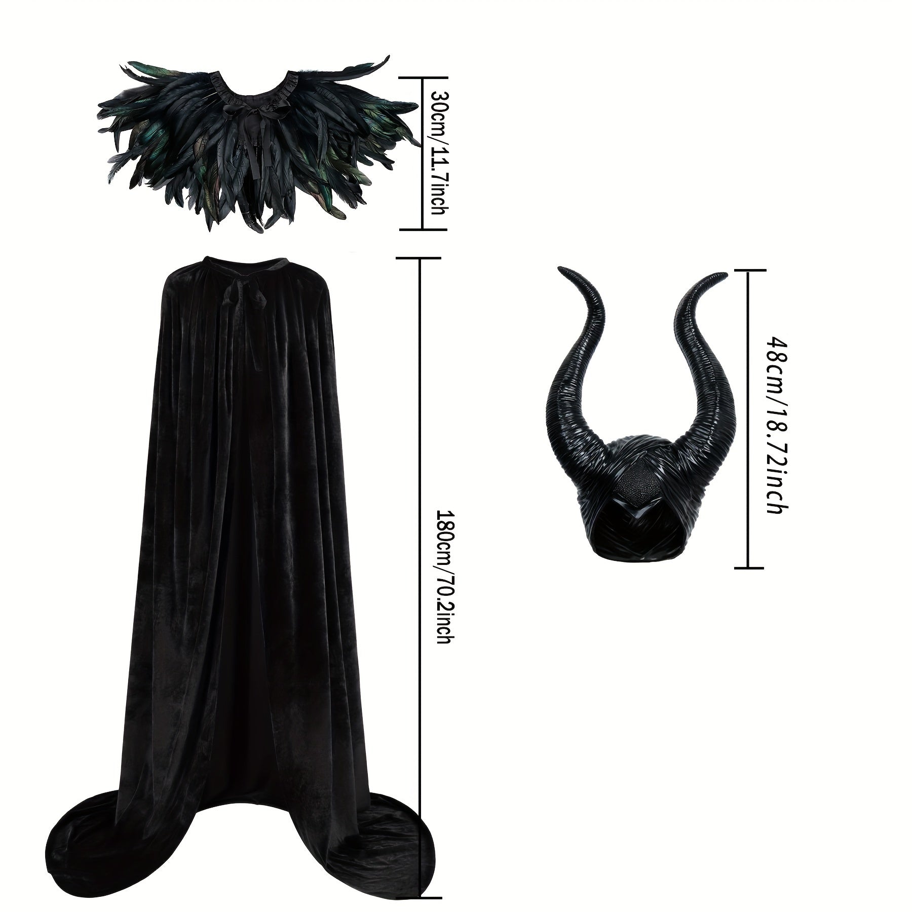 Halloween Costume Set for Women Gothic Witch with Velvet Cape Faux Feather Shawl and Maleficent Horns