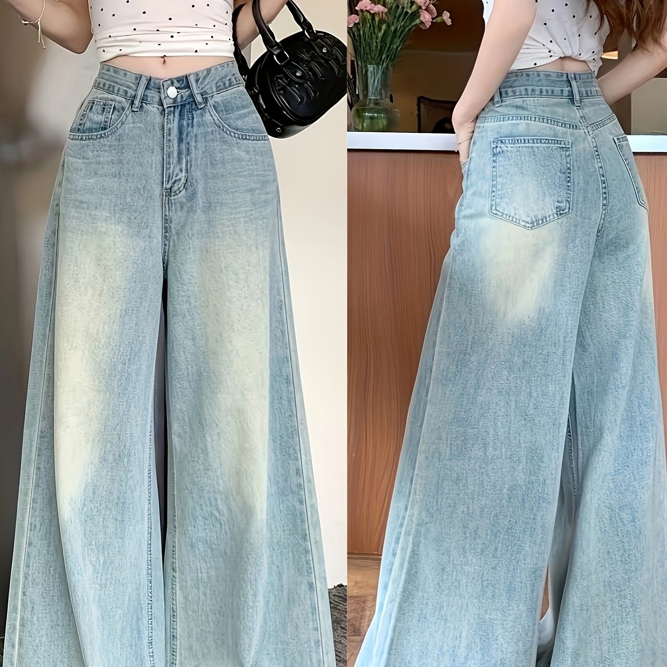 Plus Size High-Waist Wide-Leg Denim Jeans for Women Black Gray Frayed Hem