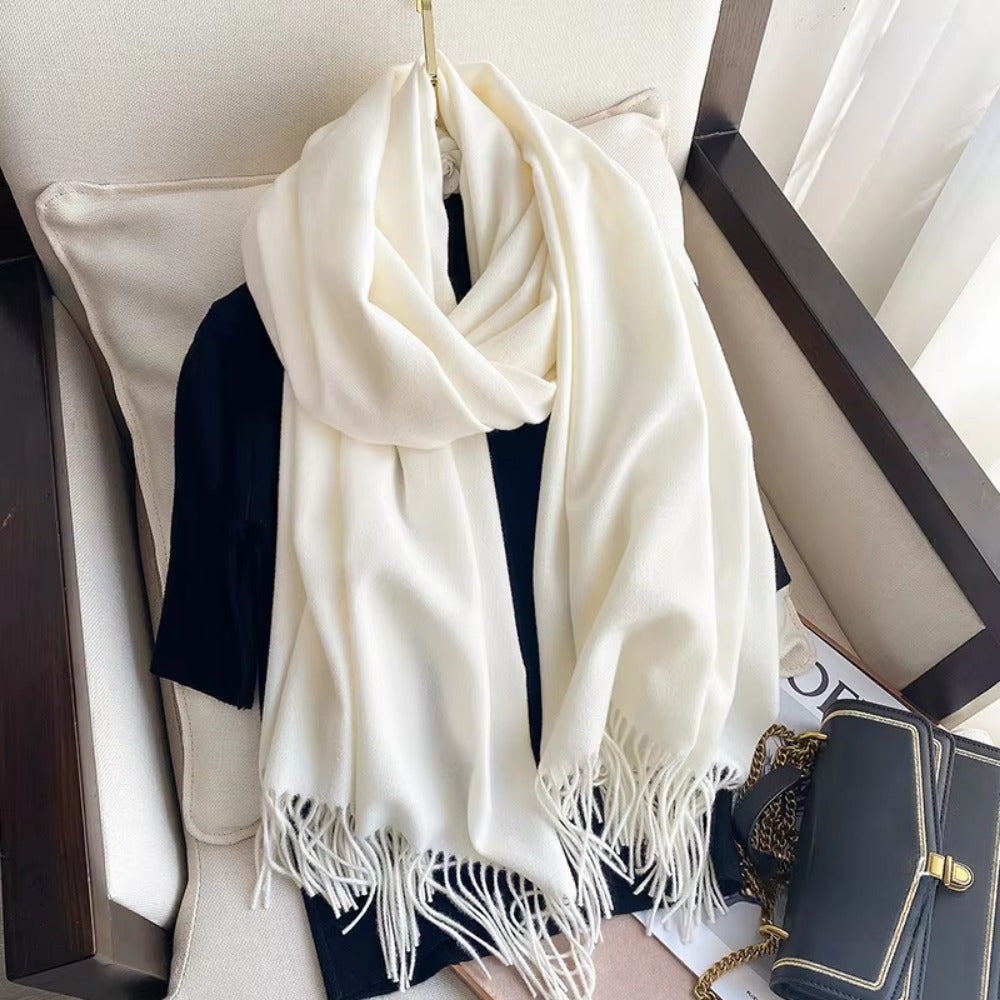 Women Black Tassel Shawl Scarf Thick Plush Wool Feel Double-Sided Cashmere Autumn Winter
