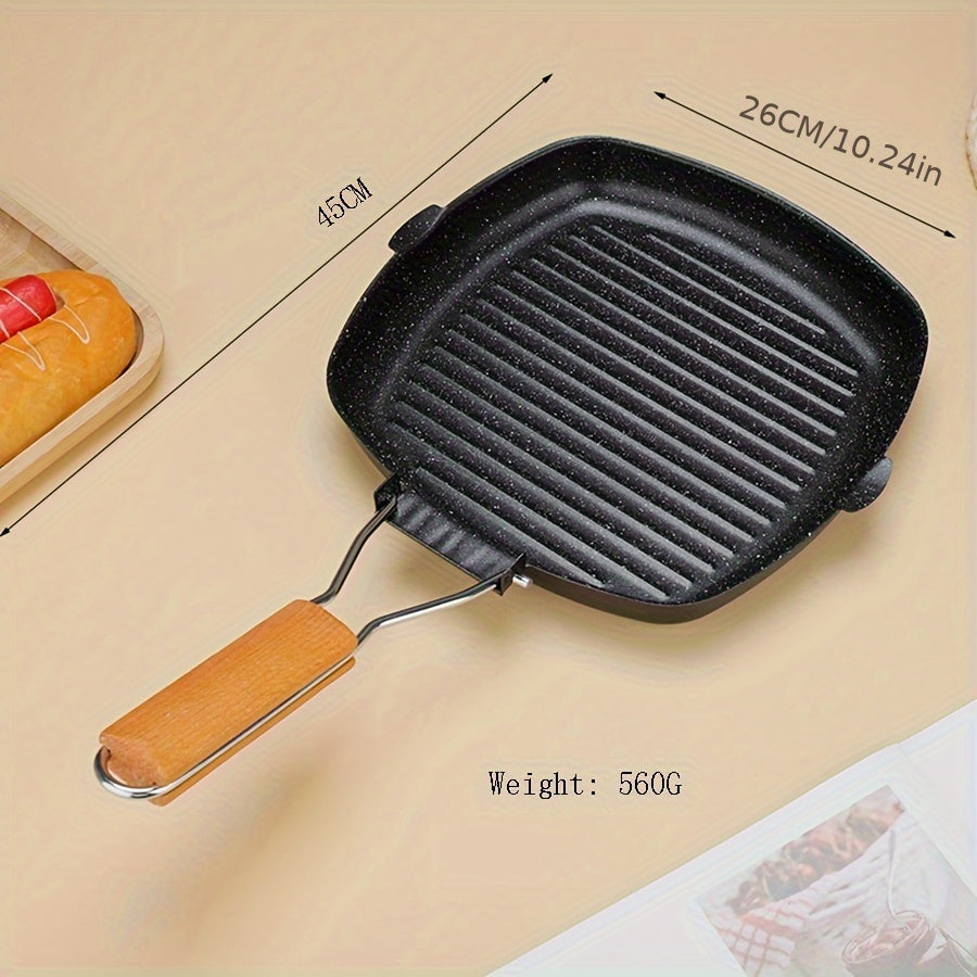 Cast Iron Skillet Non-Stick Grill Pan with Wooden Handle Oven Safe for Stoves