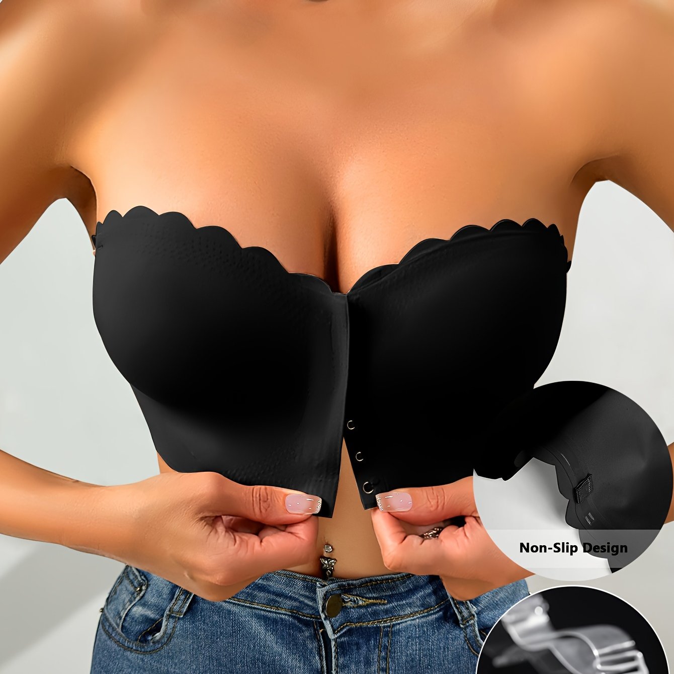 Women's Solid Color Wave-Edge Strapless Front Closure Bra