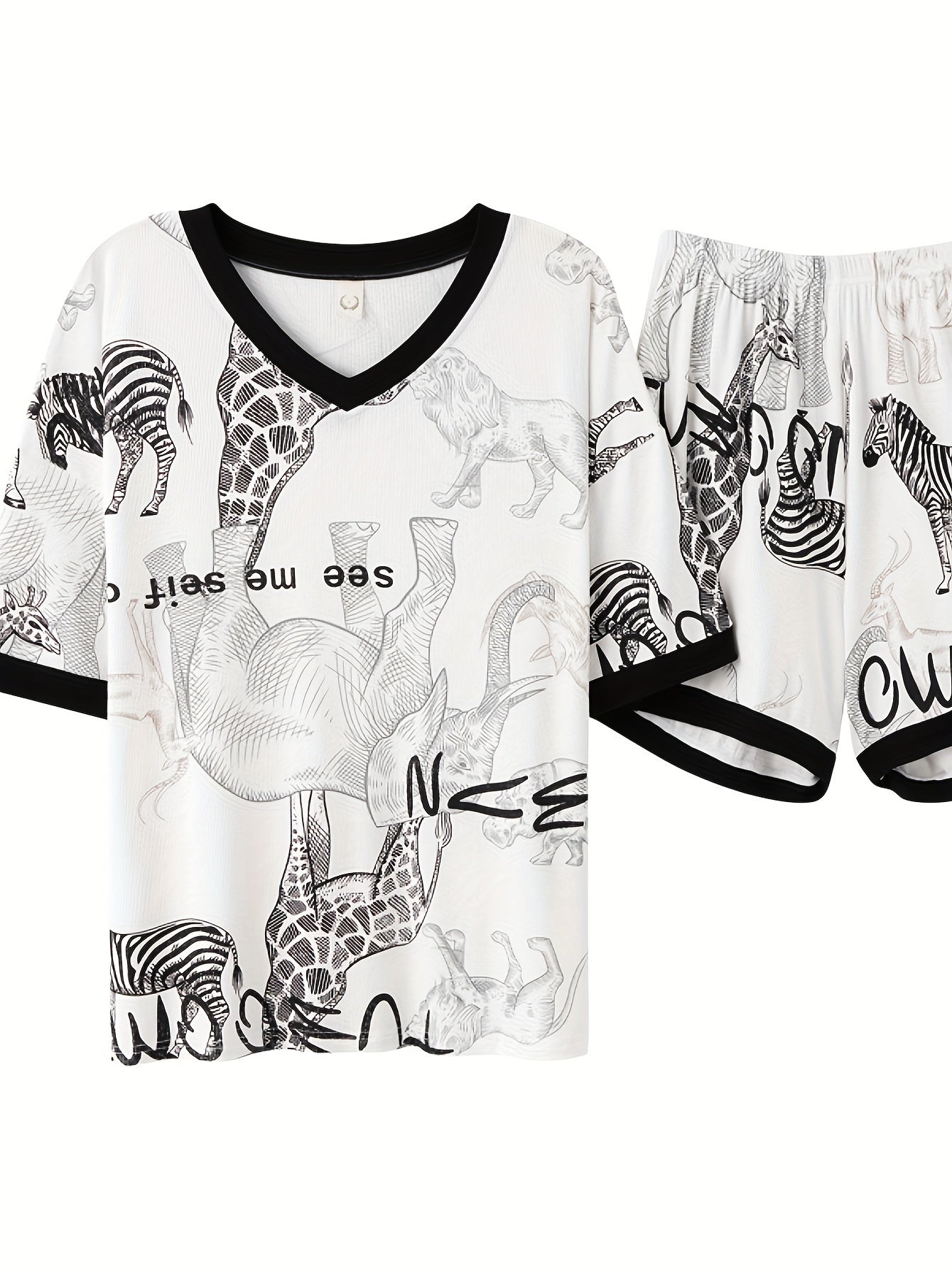 Women's Modal Pajama Set with Animal Print Short Sleeve V-Neck Top and Elastic Waist Shorts for Summer Lounge