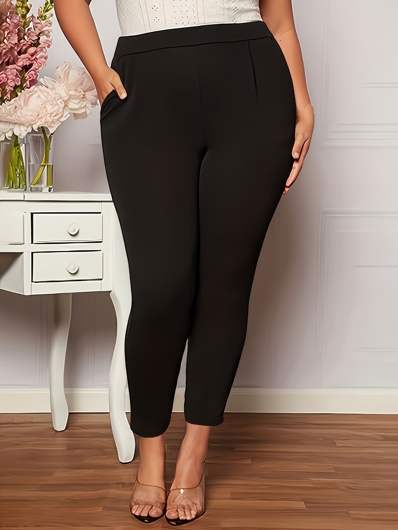 Women's Stretchy High-Waisted Slim-Fit Trousers Solid Color Pockets