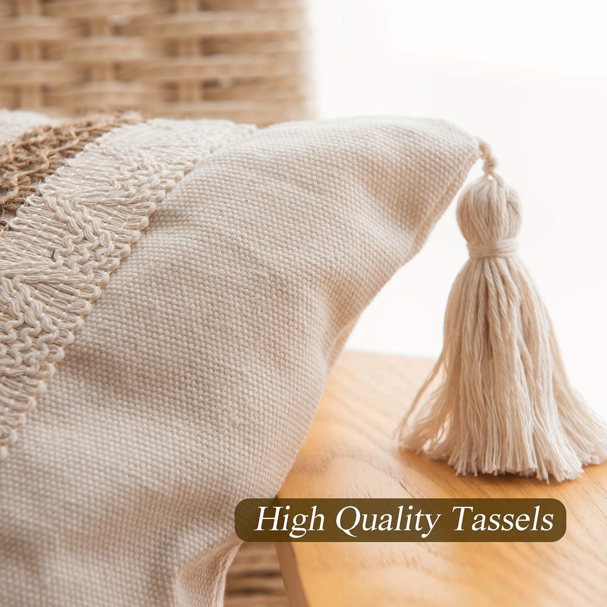 1 шт. Чехол для подушки в стиле фермерского дома с кисточками, из хлопкового мешковины, нейтральный декор для дивана или софы, гостиной или патио. Натуральный бежевый цвет с одним полосатым дизайном, подушка не включена.