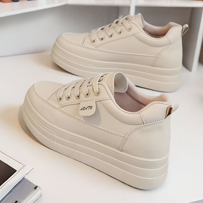 Women's High-Top Sneakers with Thick Platform Sole Beige Casual Lace-Up Shoes