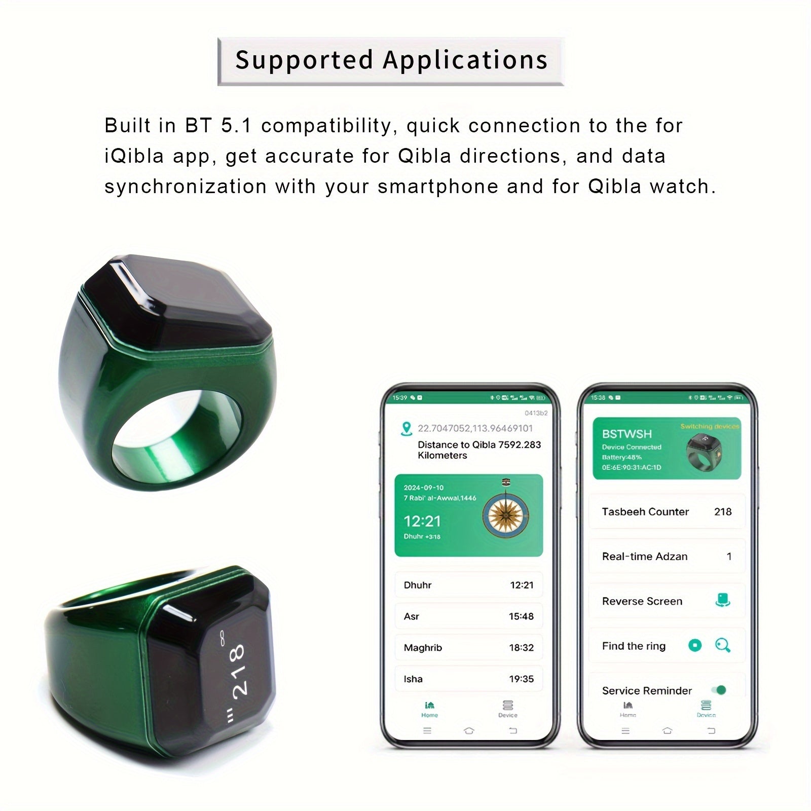 Black Smart Zikr Ring with 0.49 Inch Display Wireless Prayer Counter Compass and App Control