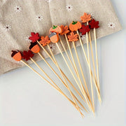 Bamboo Cocktail Picks for Appetizers and Fruit Skewers with Decorative Leaves Pumpkins and Acorns Set of 50