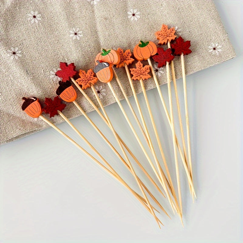 Bamboo Cocktail Picks for Appetizers and Fruit Skewers with Decorative Leaves Pumpkins and Acorns Set of 50