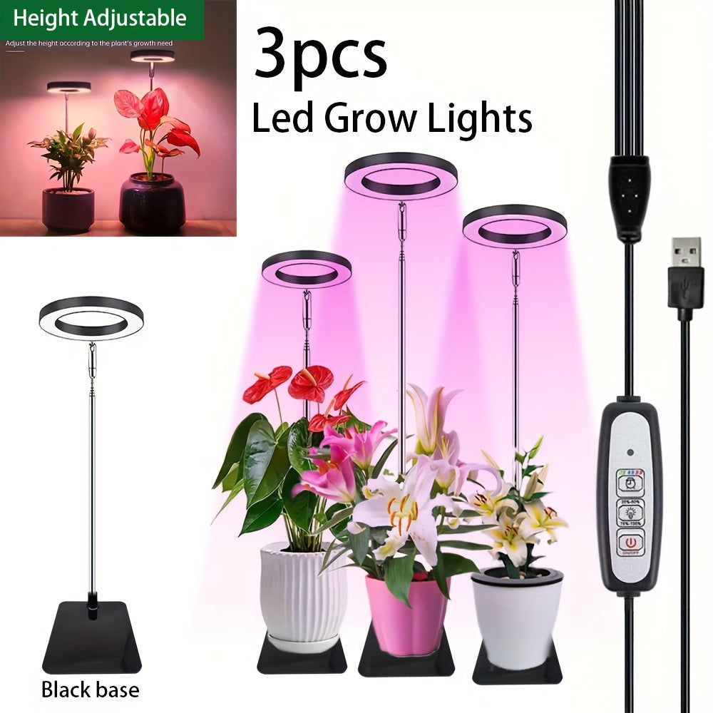 Juego de 3 luces de cultivo LED de espectro completo con soporte, altura ajustable, temporizador automático y brillo regulable