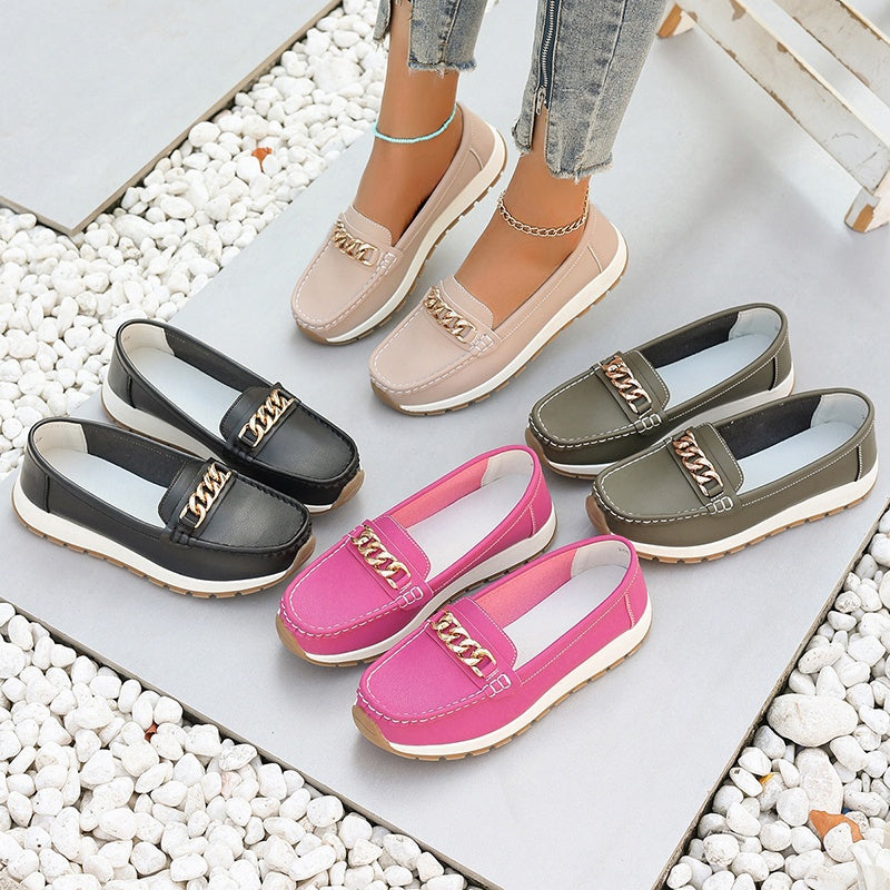 Women's Solid Color Loafers Slip-On Casual Flats with Metal Buckle