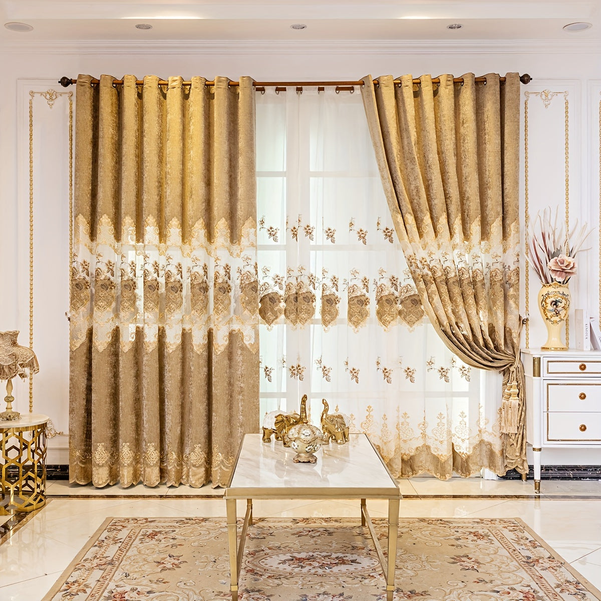 European-Style Thick Embroidered Curtains with Chenille Floral Designs and Translucent Yarn Finish for Living Room and Bedroom