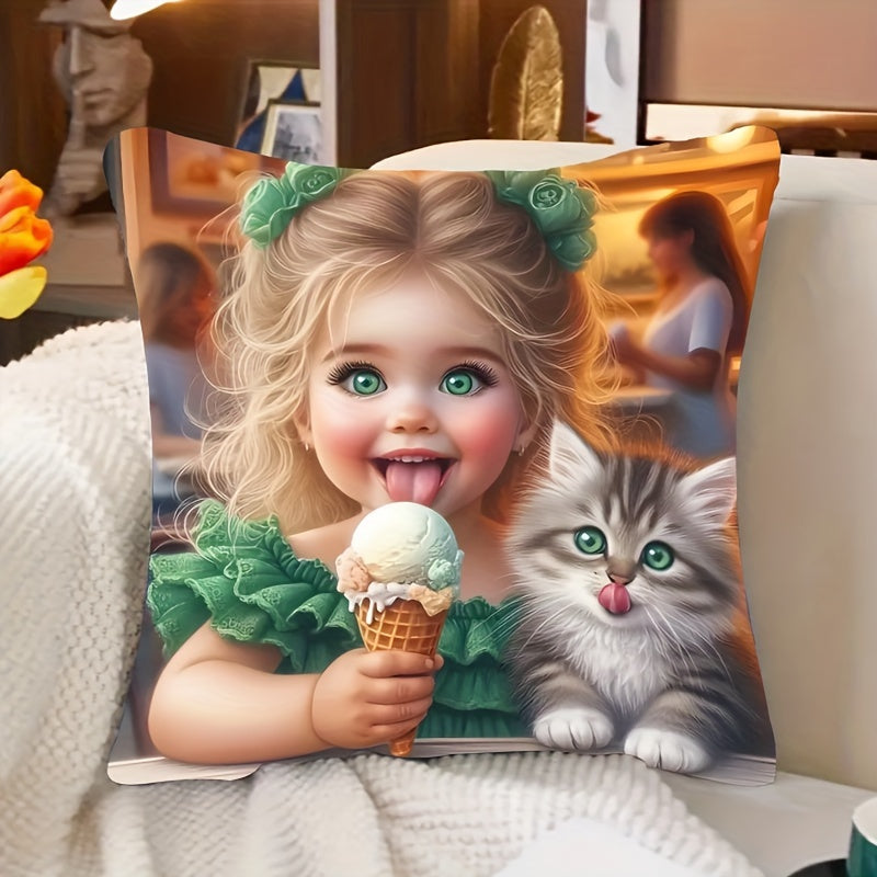 Girl and Kitten Print Plush Pillowcase 44.96cm Decorative Pillow for Home Decor