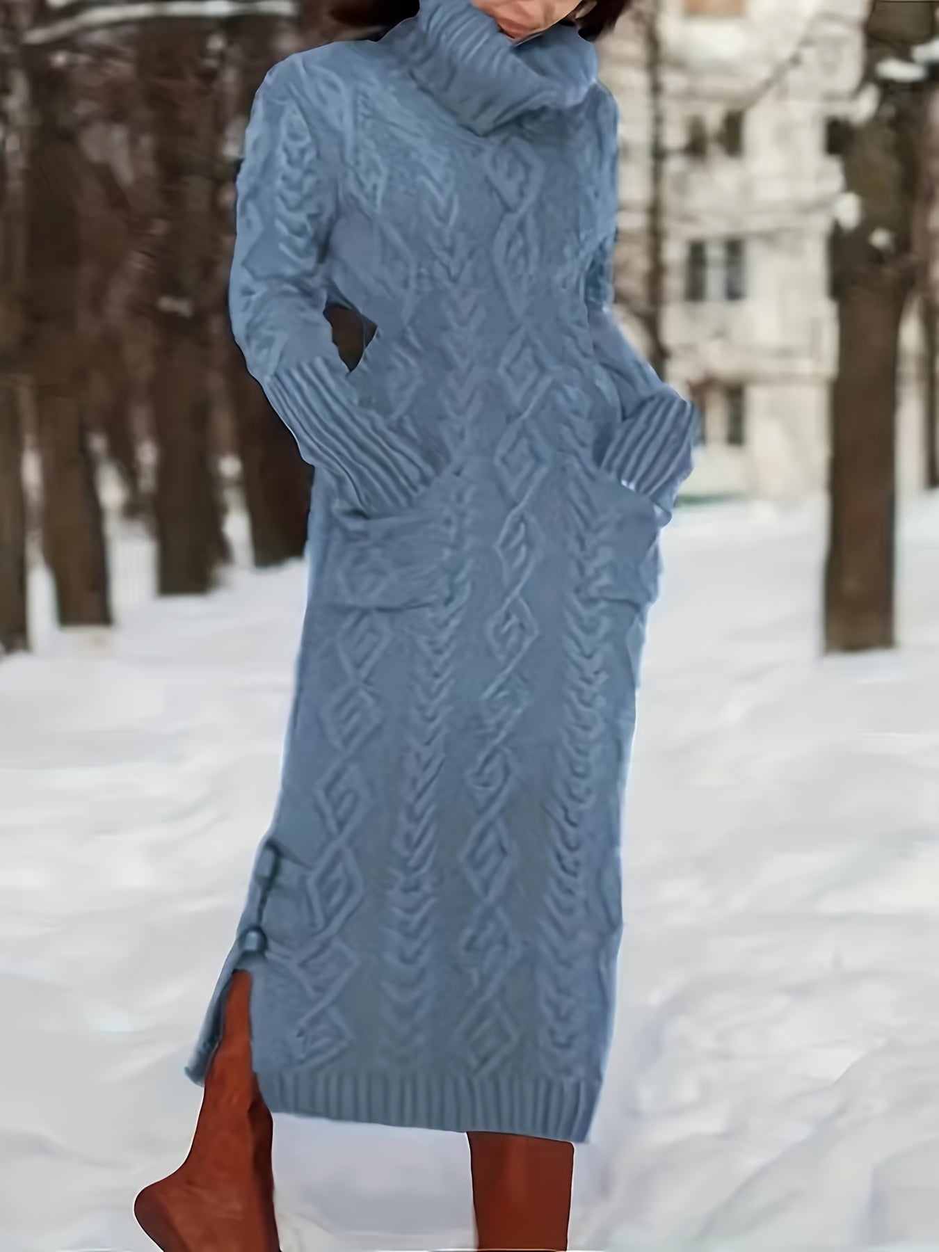 Plus Size Longline Sweater Dress Women High Neck Pockets Fall Winter