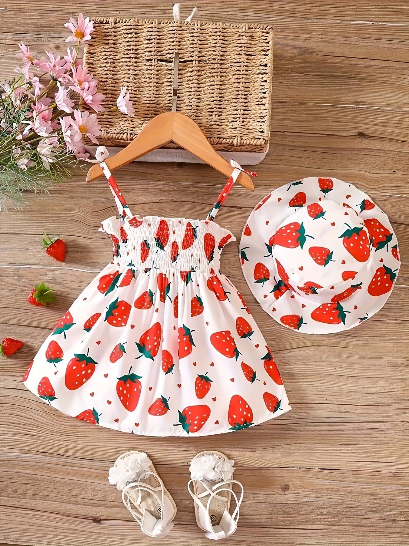 Baby Girl Dress Set with Fruit Cartoon Print Summer Casual Midi Dress and Hat