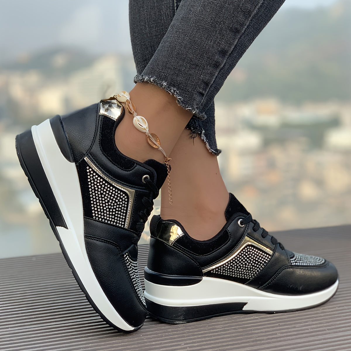 Women's Rhinestone Decor Athletic Shoes, Lace-Up Low Top Running Sneakers, Plus Size