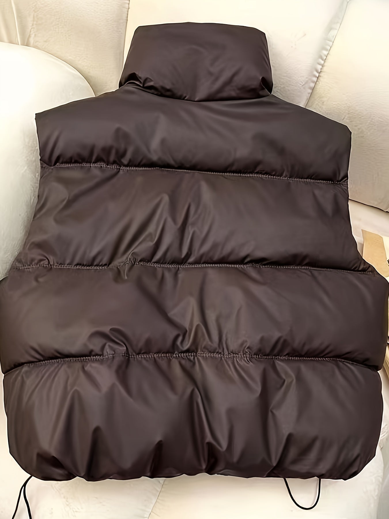 Women's Winter Sleeveless Flared Vest with Zipper and Drawstring in Solid Polyester