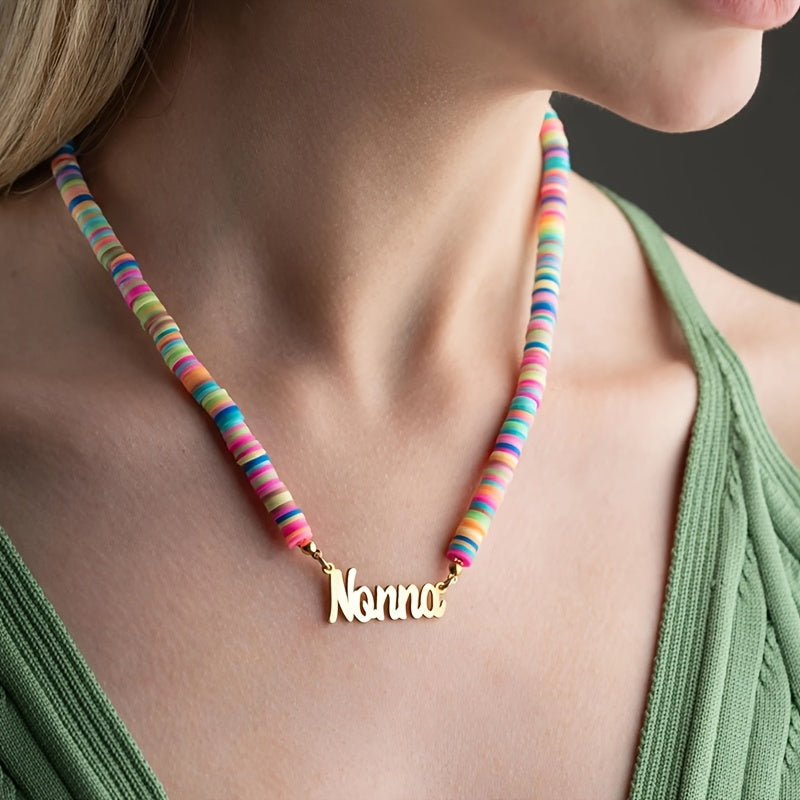 Rainbow Name Necklace in 18K Gold Plated with Polymer Clay Beads for Women
