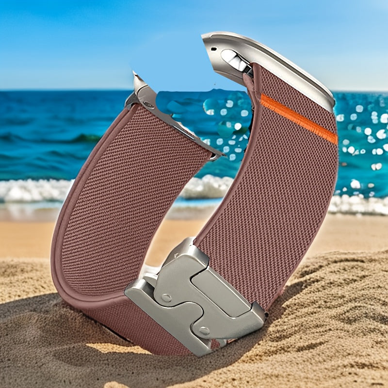 1 dona to'q sariq sport kamar, Apple Watch kamarlariga mos keladigan bezak dizayni bilan, ayollar va erkaklar modellari uchun bir nechta o'lchamlarda. Parashut uslubidagi tasmali kamarga ega.