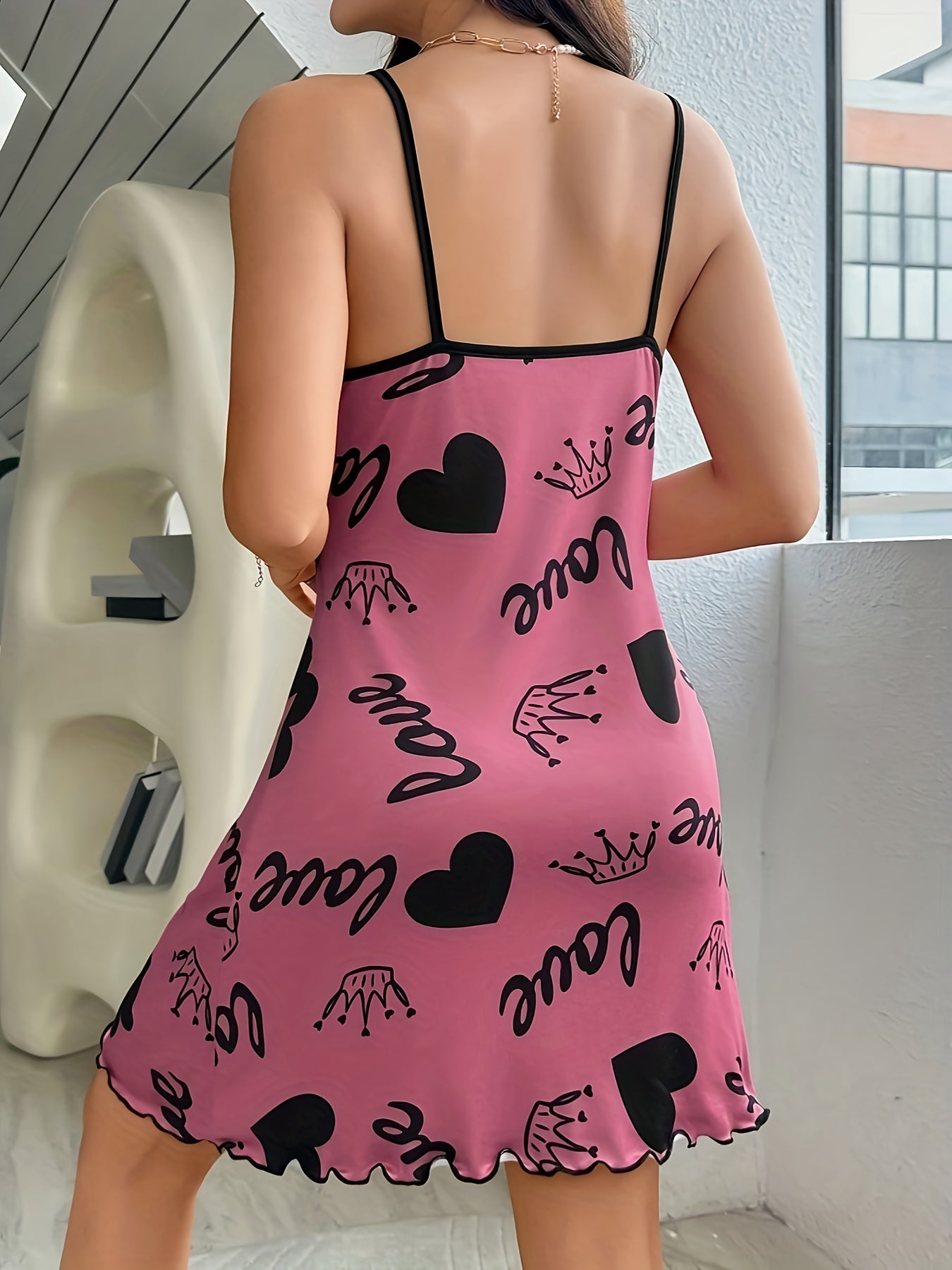 Pink Sleeveless Nightdress for Teens with Heart and Crown Print Polyester Blend Casual Loungewear