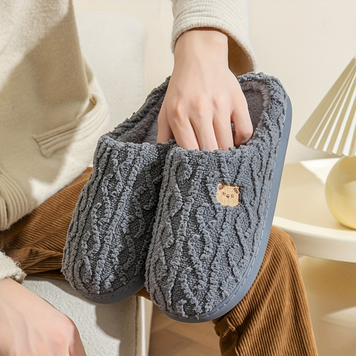 Women’s Slippers Soft Fabric Warm Winter Slip-Ons with Bear Print