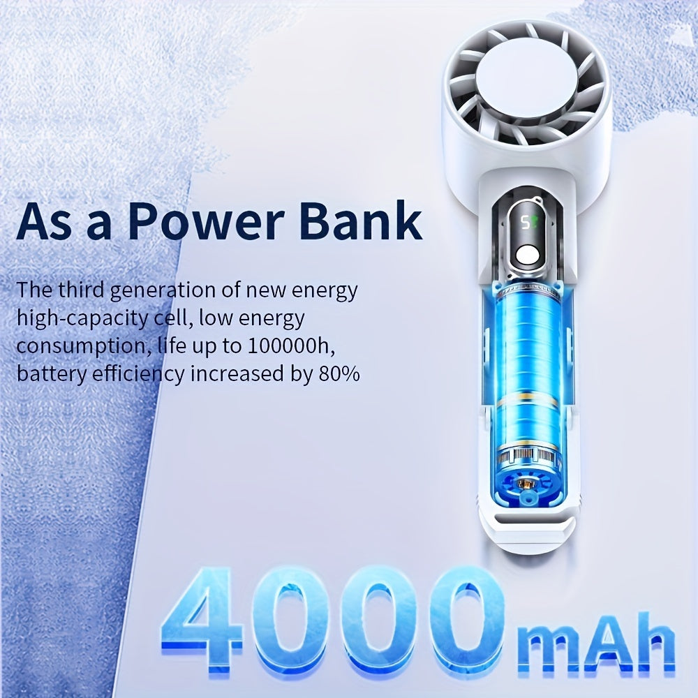 Portable Handheld Fan with Digital Display, 5-Speed, Folding Neck, Power Bank