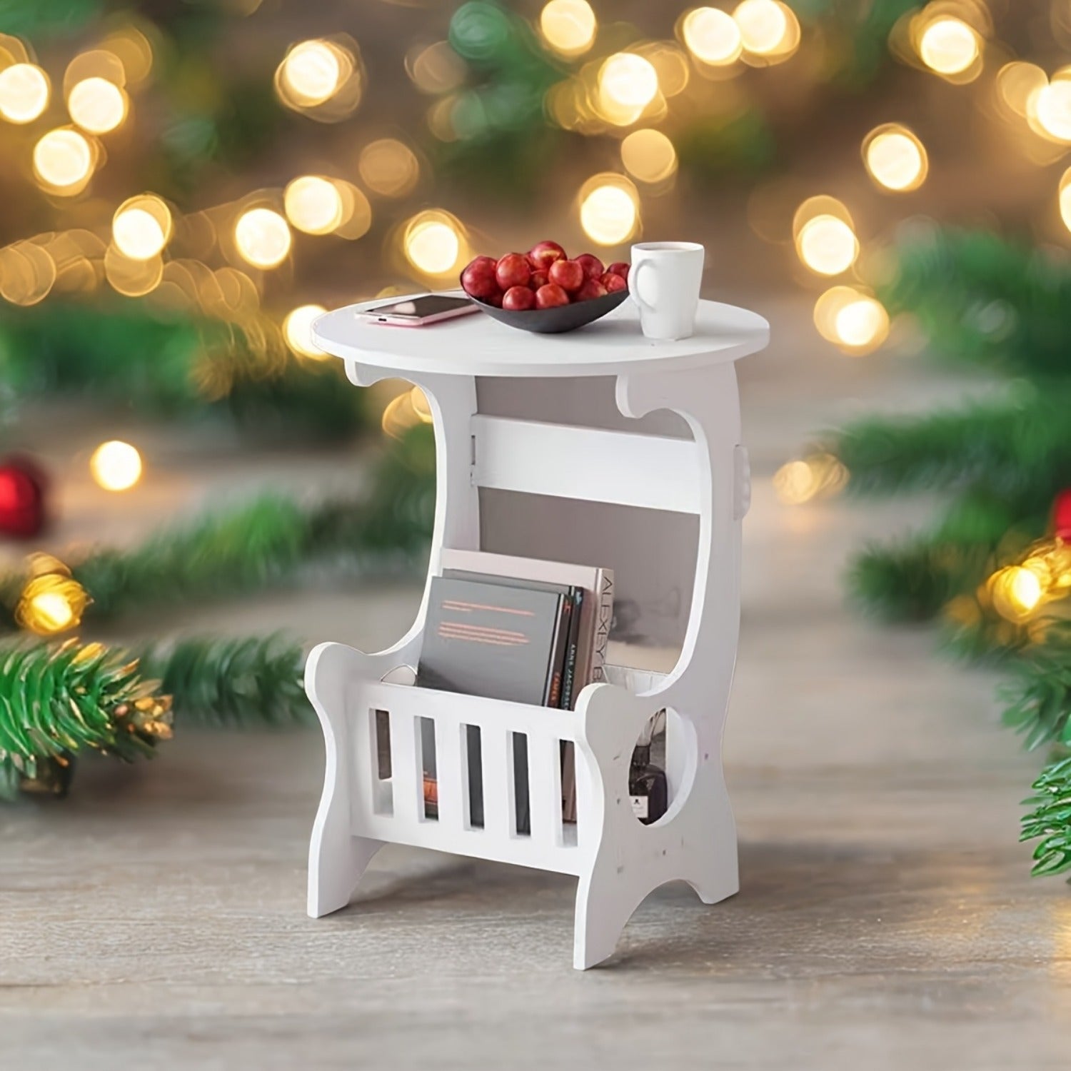 Mesa auxiliar moderna redonda con estante de almacenamiento, madera, mesita de noche compacta, portátil