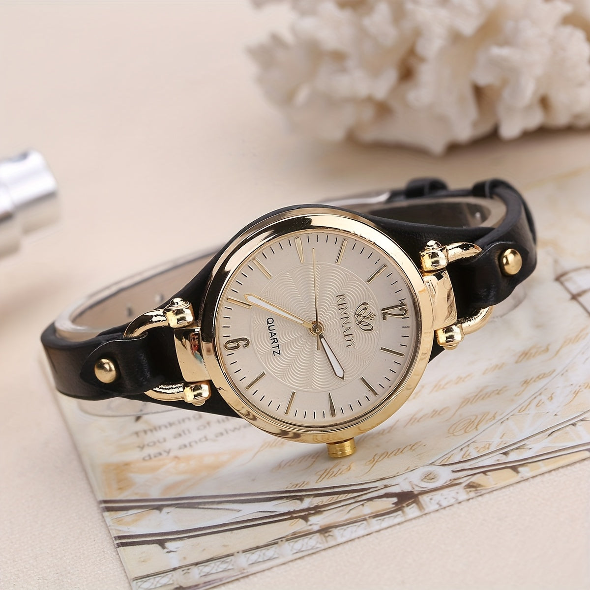 Women's Quartz Watch with Black Faux Leather Strap and Gold Accents Elegant Analog Wristwatch