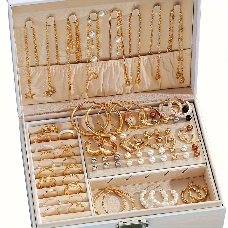 Women's Gold and Pearl Jewelry Set with Stud Earrings Necklaces Rings and Bracelets