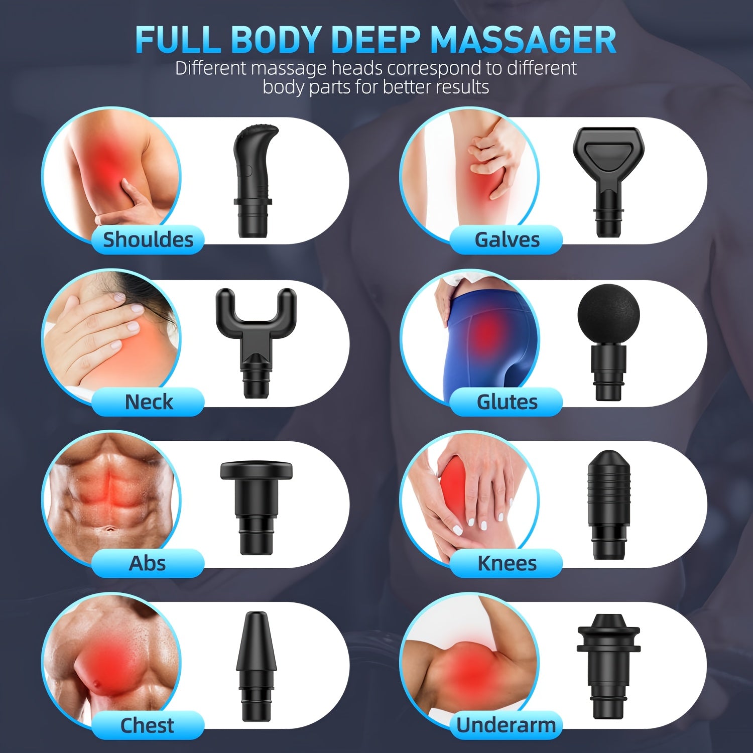 Deep Tissue Massage Gun with 8 Heads Rechargeable Handheld Electric Muscle Fascia Gun