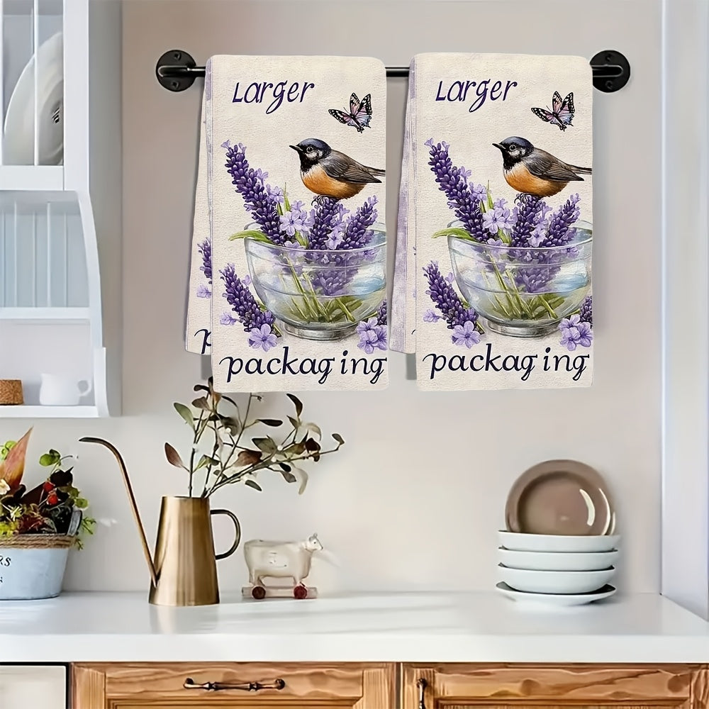 Lavender Kitchen Towels Set with Birds and Butterflies, Highly Absorbent, 16x24 Inches