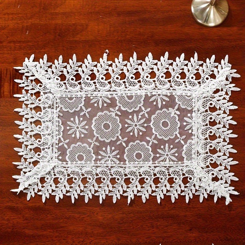 Polyester Table Runner with White Embroidery Flowers and Lace Edge for Dining or Room Decor