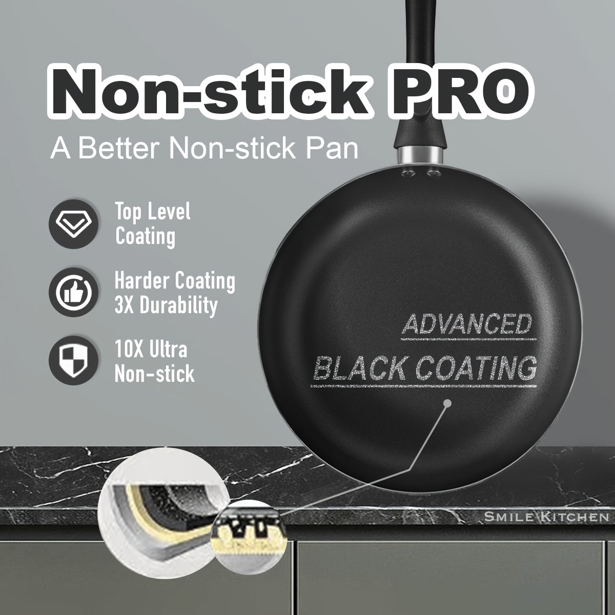 Juego de 8 utensilios de cocina de aluminio negro con olla de stock, cazo para leche y sartenes