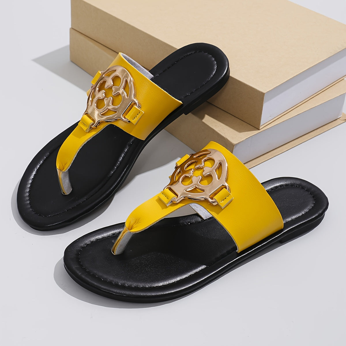 Women's Faux Leather Slide Sandals with Metallic Buckle Black Casual