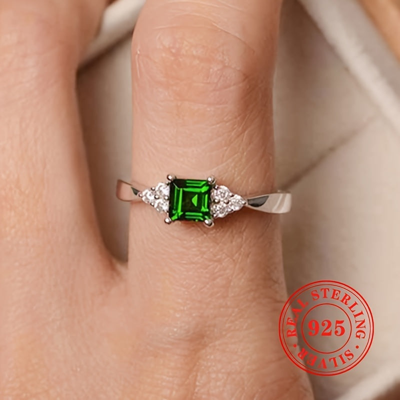 Sterling Silver Ring with Square Synthetic Emerald 0.08oz for Women Engagement Gift