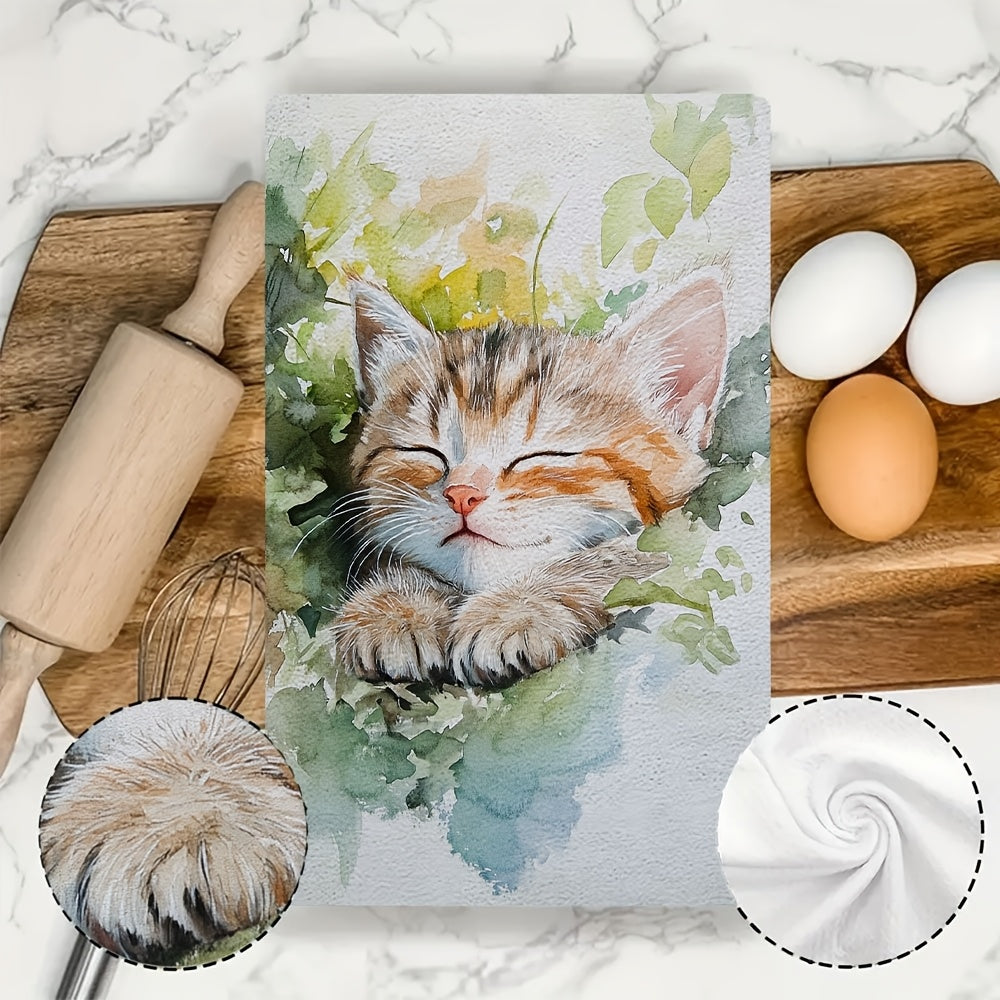 Set of 2 Ultra Soft Kitchen Towels with Kitten Design, 40x60 cm, Absorbent, Easy to Clean
