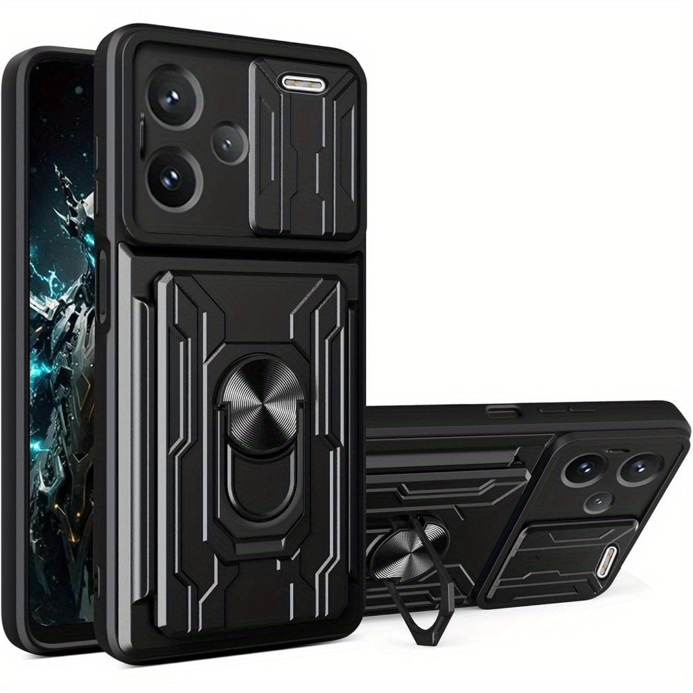 Black PC Phone Case for Xiaomi Redmi Note 13 with Card Holder Camera Cover and Kickstand