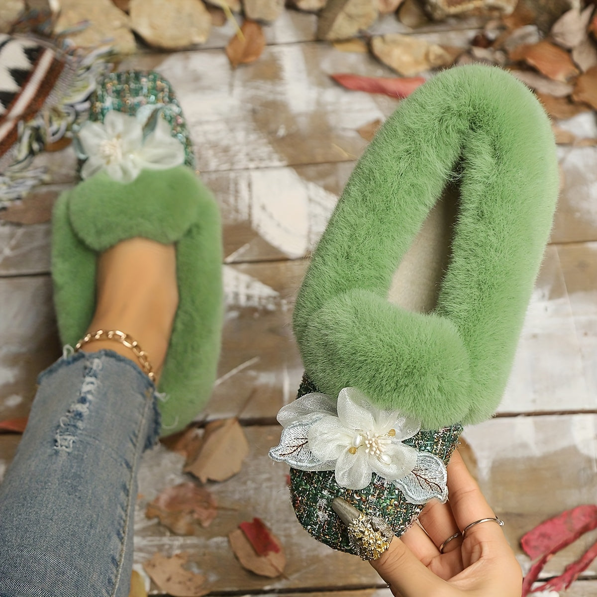 Women's Fleece-Lined Slip-On Flats with Bowknot Square Toe Indoor Outdoor Shoes