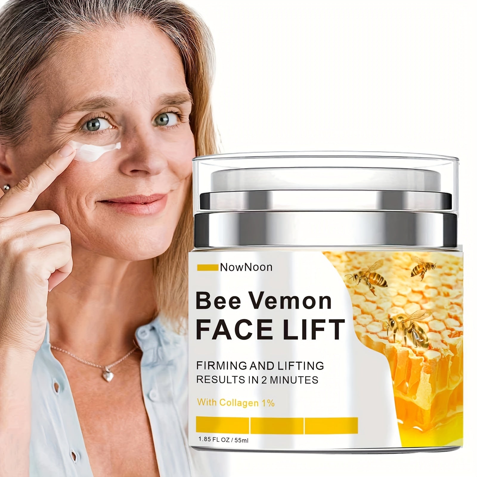 NowNoon Bee Vemon Instant Face Lift Cream - 1.85 fl. Oz terini siqadi, mustahkamlaydi va silliqlashtiradi, alkogolsiz formulasi bilan, barcha teri turlari uchun Hyaluron kislotasi o'z ichiga oladi.