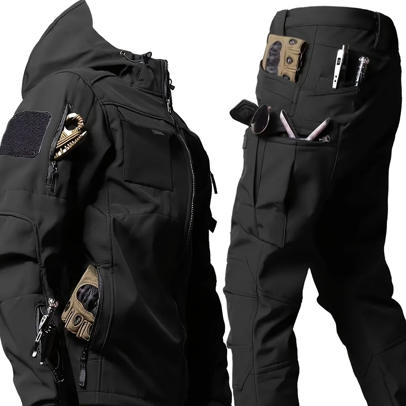 Men's Outdoor Softshell Jacket and Utility Pants Set for Fall Winter Breathable Windproof Fleece Hood