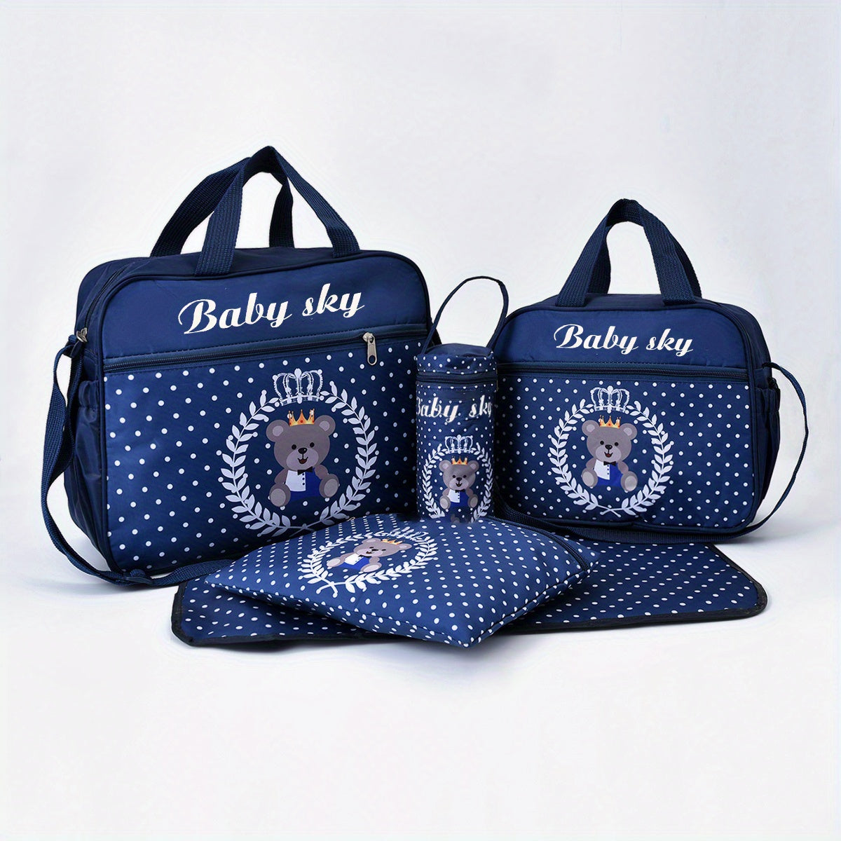 Five-Piece Bear-Printed Diaper Bag Set Large Capacity Multifunctional Mommy Bag
