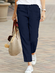 Women's Polyester Pants with Elastic Waist and Drawstring, Straight Leg, Solid Color, All Season