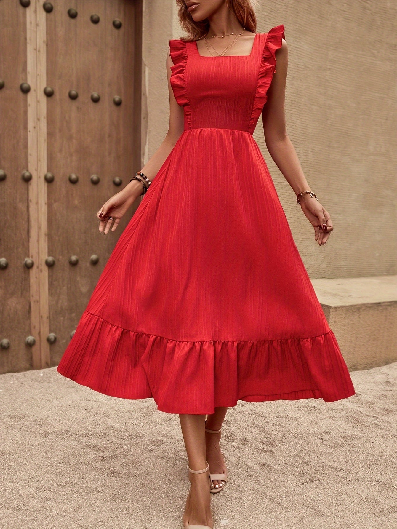 Women's Solid Square Neck Dress with Ruffle Hem and Flutter Sleeves