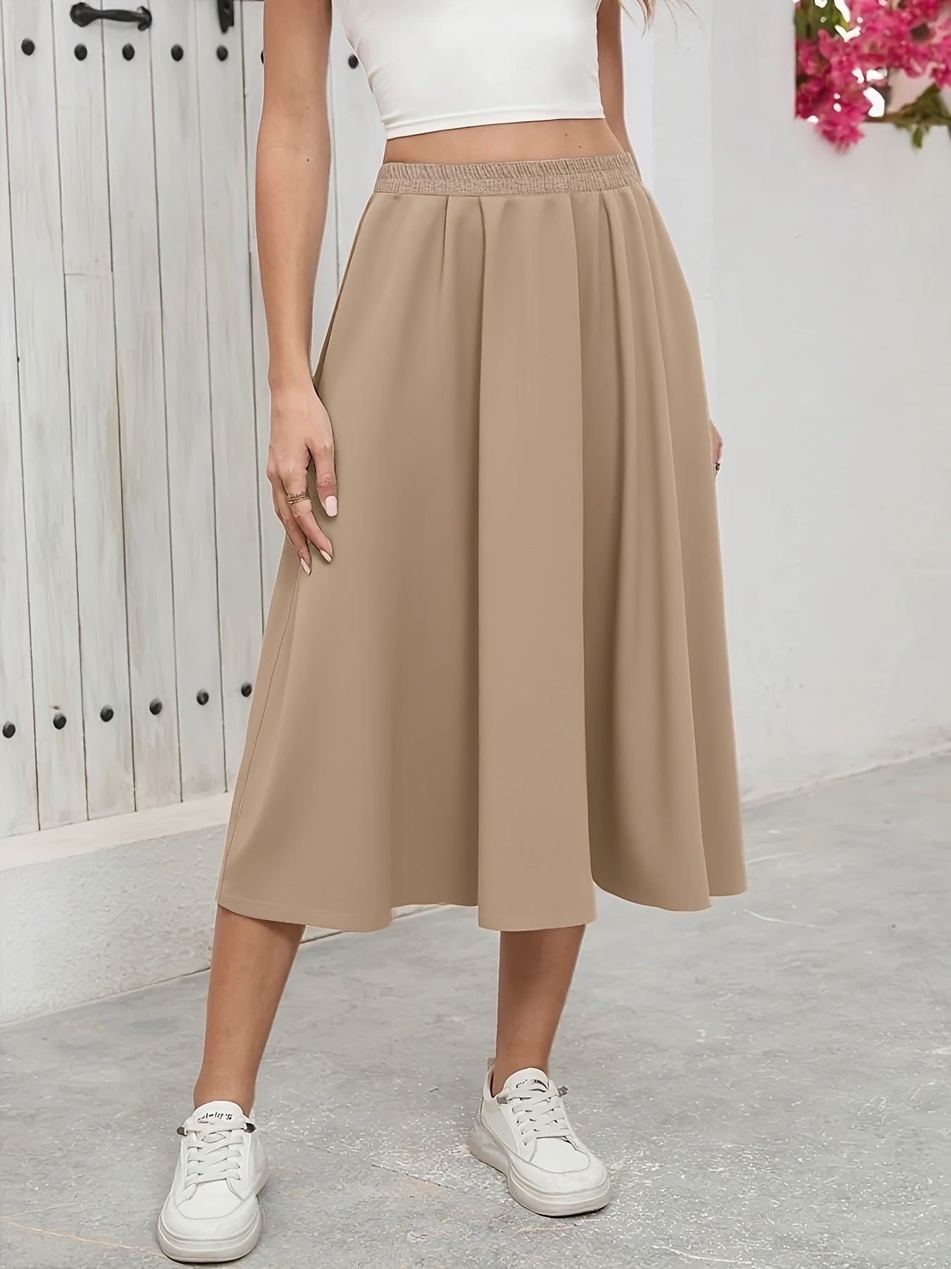 Plus Size Women's High-Waisted Flared Skirt Black Stretchy Spring Summer Fall