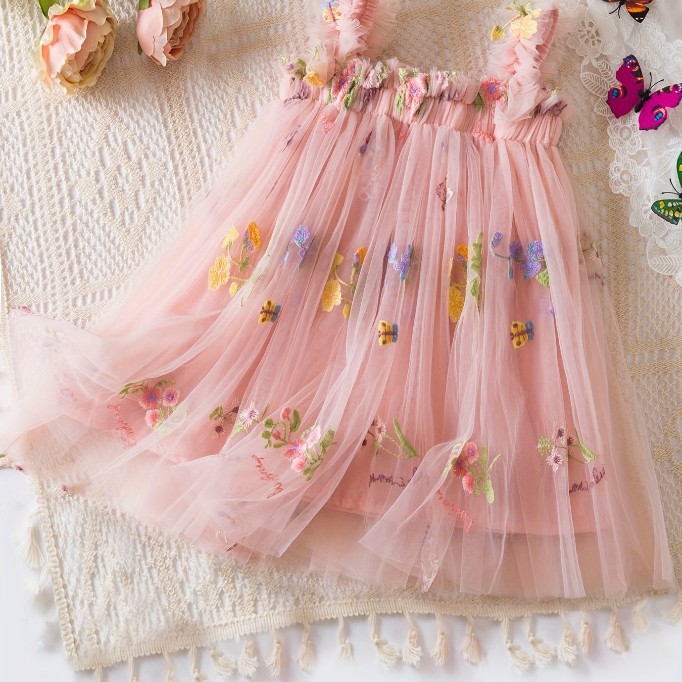 Baby Girl Sleeveless Mesh Dress with Flower Embroidery for Summer Birthdays