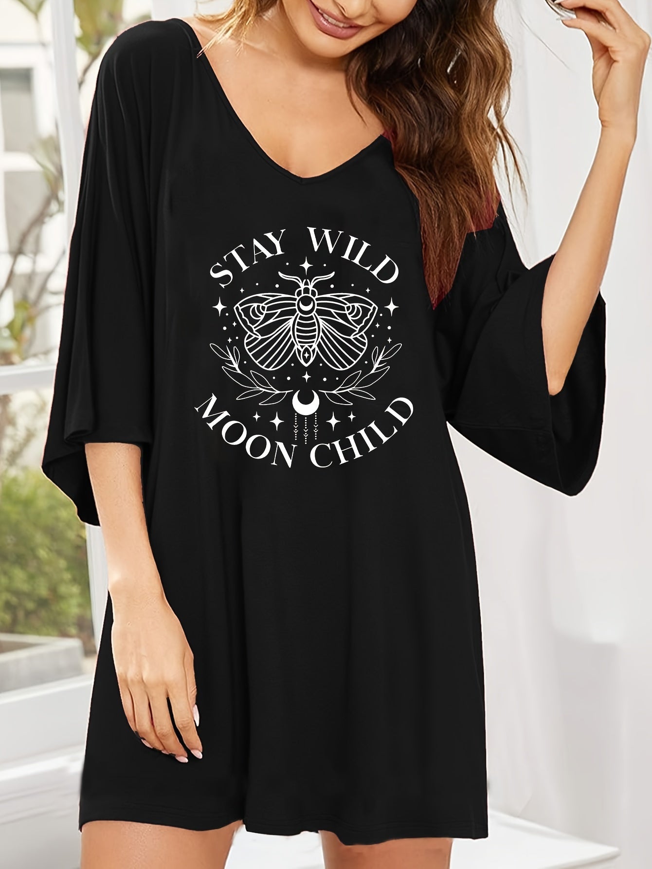 Women's Plus Size Loungewear Dress Butterfly Moon Slogan V Neck Sleep Dress