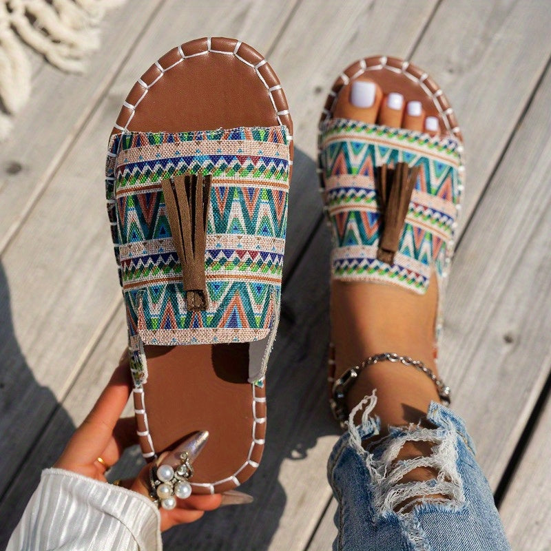 Women's Bohemian Tassel Sandals Open Toe Flats with Colorful Stripes