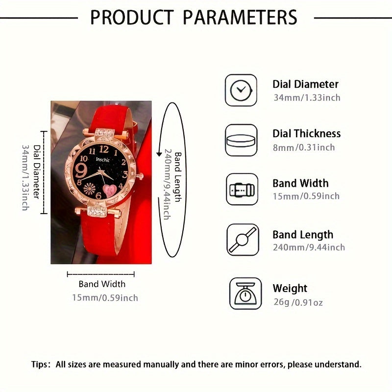 6 ta ayollar uchun rhinestone yurak quartz soatlari to'plami, charm bilaguzuklar va bilakuzuklar bilan