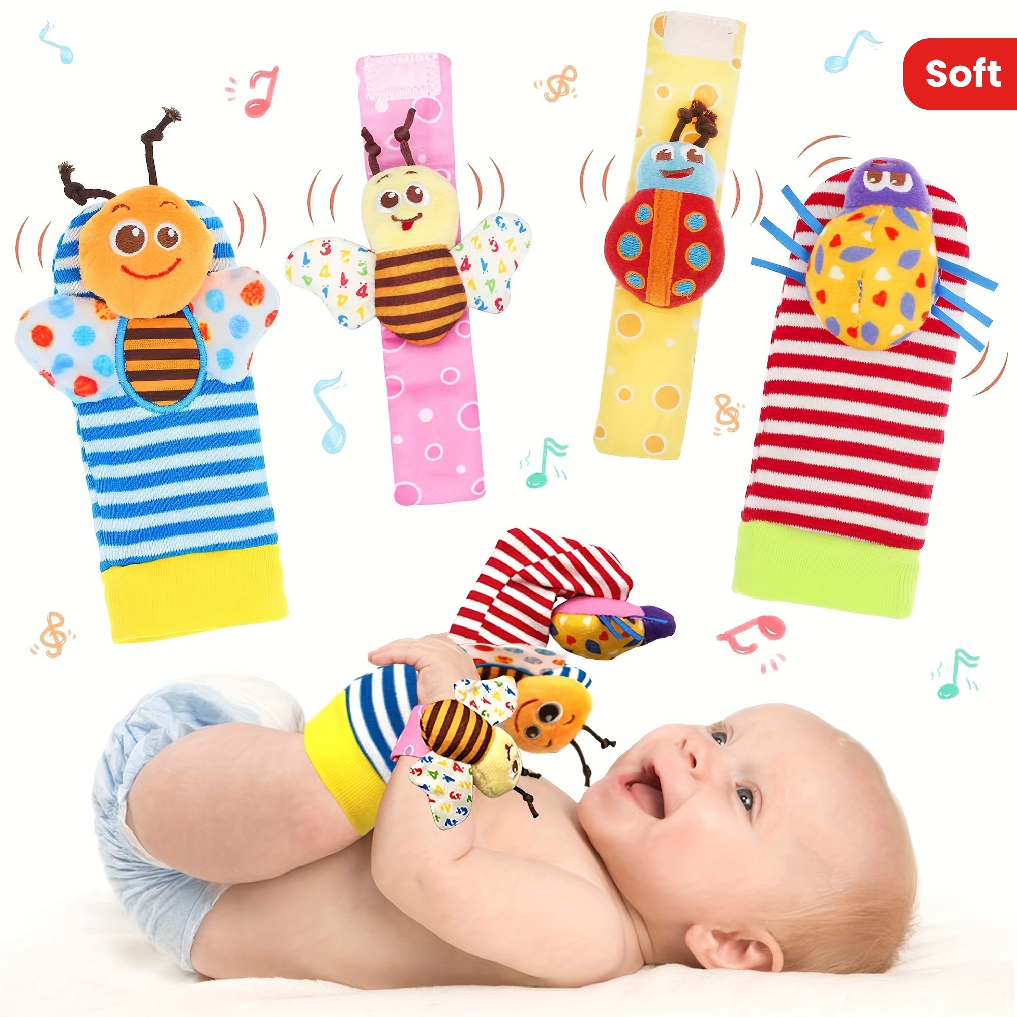 Baby Rattle Socks and Wrist Rattles Set Soft Sensory Cotton for Infant Development