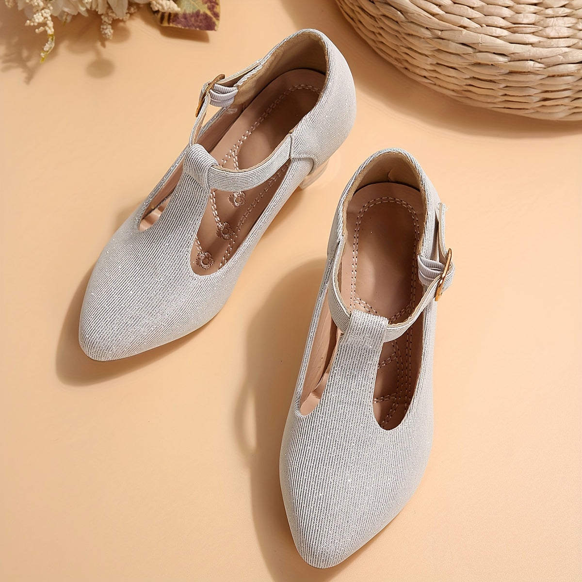 Girls High Heeled Shoes Spring Autumn Embroidered Flower Glitter PVC Pointed Toe