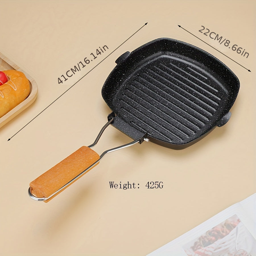 Cast Iron Skillet Non-Stick Grill Pan with Wooden Handle Oven Safe for Stoves